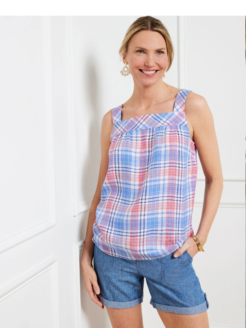 Talbots Linen Square Neck Shell In Paradise Plaid - Picture 7 of 7